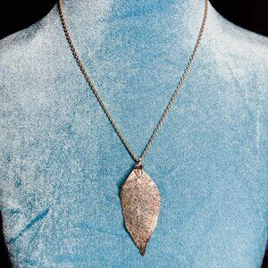 Vintage electroplated real leaf pendant on silver-toned chain